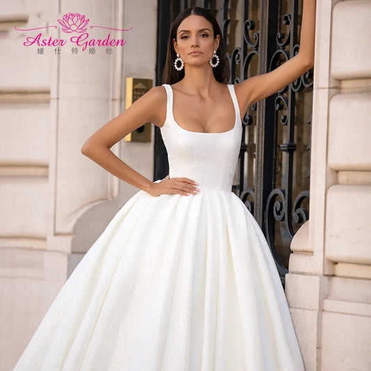 Aster Garden A-Line Wedding Dress 2025 Elegant Spaghetti Straps Bride Square Collar Shining Sequined Satin Princess Bridal Gowns