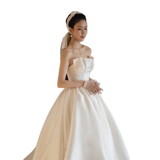 SF0046F   New Strapless Satin Wedding Dress for Women High-Waisted Maternity Ethereal Simple Slimming Floor-Length