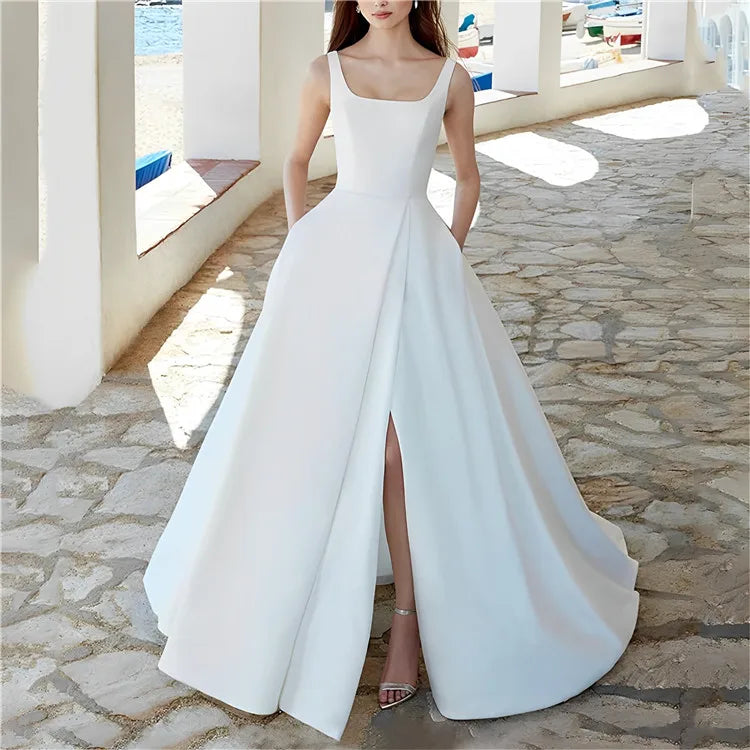 1 Piece Low Moq Modern Draped Princess Button White Wedding Evening Dress with Chapel Train for Women