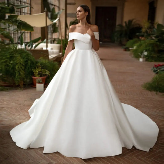 13165#Beach Bohemian Elegant Satin Backless 2022 Short Sleeves Sweep Ball Gown Pleated Princess Sexy Wedding Dress Bridal Gown