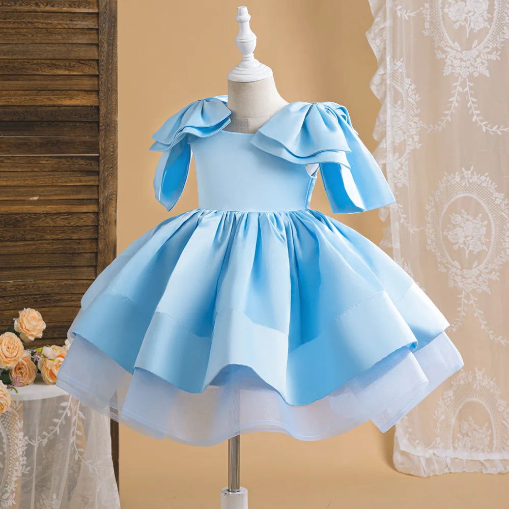 Fashion Big Bow Girls Party Dress Formal Pink Wedding Bridesmaid Birthday Princess Dresses for Girl Gala Christmas Kids Clothes