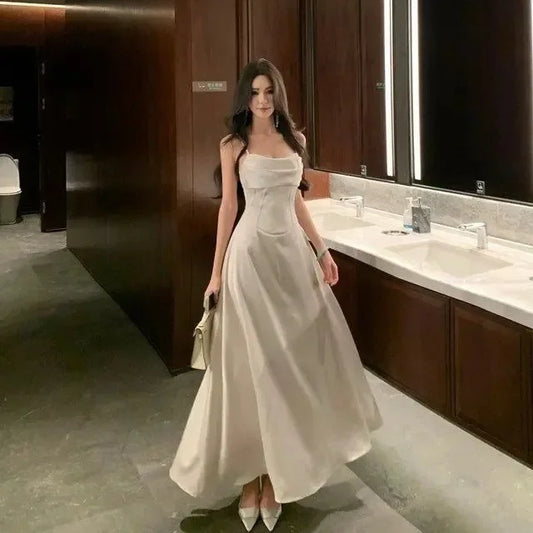 French Style Pleated Design Sensation Women's Spring Summer Pure Desire Waist Cinching Slim A- Line Sleeveless Long Dress