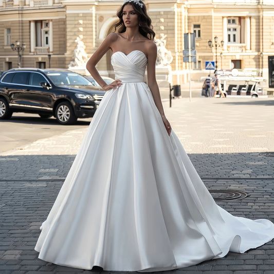 Customized Simple Elegant A Line Strapless Wedding Dresses Backless Satin Princess Bridal Gowns For Women Vestidos De Noiva