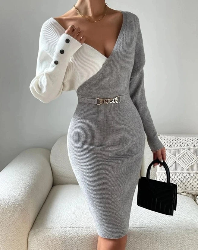 Luxury Women's Party Dress 2024 Summer Contrasting Sequin Velvet Patchwork Long Sleeve Asymmetrical Collar Elegant Evening Dress