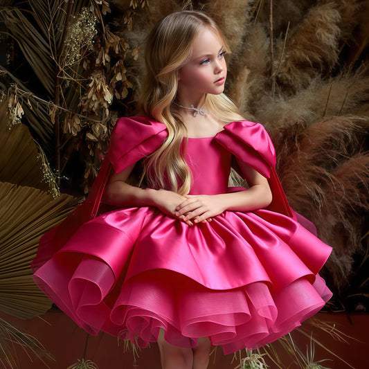 Fashion Big Bow Girls Party Dress Formal Pink Wedding Bridesmaid Birthday Princess Dresses for Girl Gala Christmas Kids Clothes