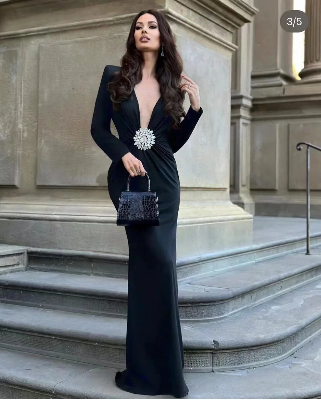 3 Colors New Ins Winter 2024 Women Long Sleeve Red Black Maxi Bodycon Dress Deep V Neck Crystal Evening Party Dress Vestido