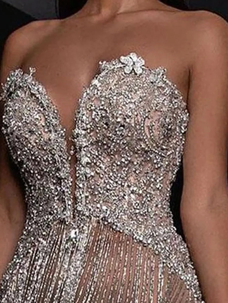 Sexy Strapless Hip Party Dress Ladies Elegant Wrap Chest High Waist Party Dress Fashion Summer Tassel Sequin Slim Fit Long Dress