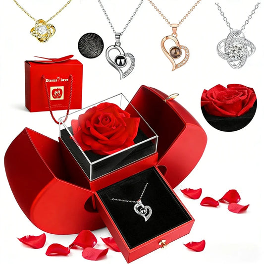 Gift for Women Eternal Rose Gift Box /w Heart Necklace I Love You To The Moon and Back Flower Jewelry Box for Valentine Wedding