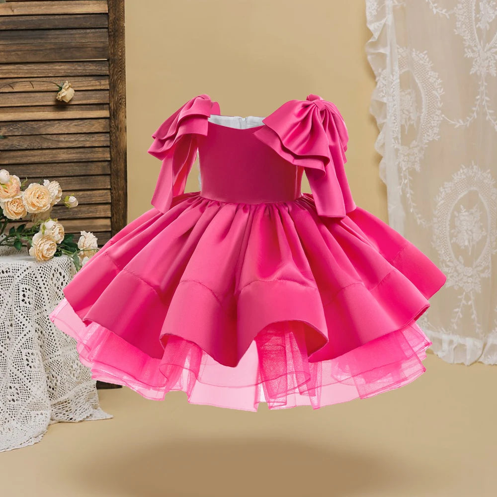 Fashion Big Bow Girls Party Dress Formal Pink Wedding Bridesmaid Birthday Princess Dresses for Girl Gala Christmas Kids Clothes