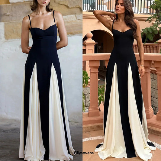 Elegant Black White Contrasting Women Sling Dress Fashion Backless Sleeveless High Waist Maxi Dresses Female Party A-Line Robes