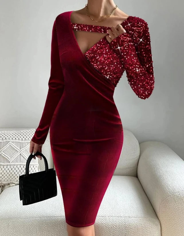 Luxury Women's Party Dress 2024 Summer Contrasting Sequin Velvet Patchwork Long Sleeve Asymmetrical Collar Elegant Evening Dress