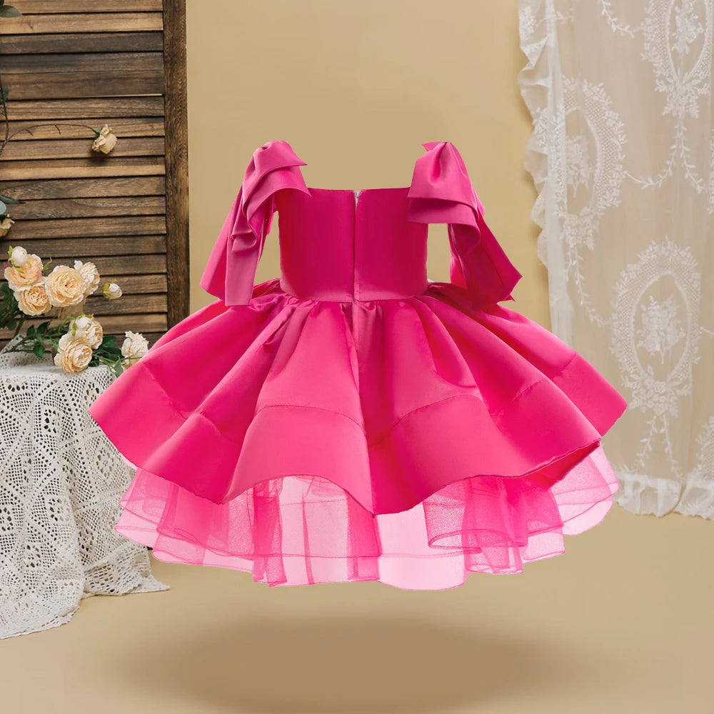 Fashion Big Bow Girls Party Dress Formal Pink Wedding Bridesmaid Birthday Princess Dresses for Girl Gala Christmas Kids Clothes
