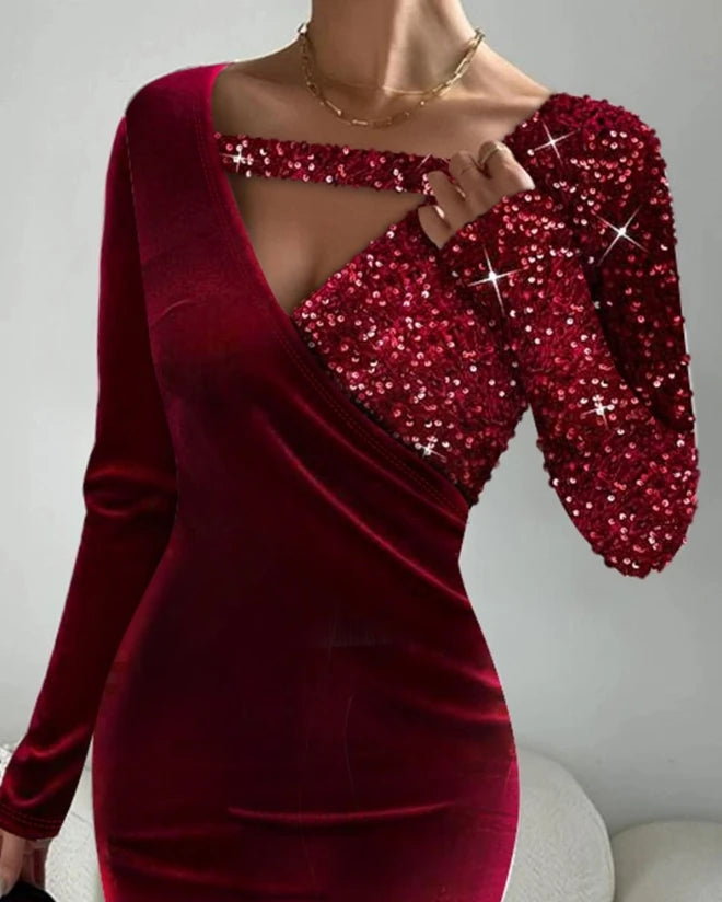 Luxury Women's Party Dress 2024 Summer Contrasting Sequin Velvet Patchwork Long Sleeve Asymmetrical Collar Elegant Evening Dress