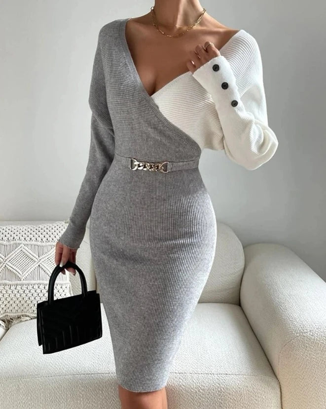 Luxury Women's Party Dress 2024 Summer Contrasting Sequin Velvet Patchwork Long Sleeve Asymmetrical Collar Elegant Evening Dress
