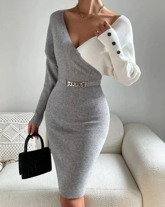 Luxury Women's Party Dress 2024 Summer Contrasting Sequin Velvet Patchwork Long Sleeve Asymmetrical Collar Elegant Evening Dress
