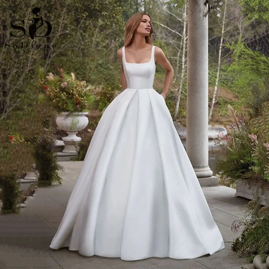 Simple Wedding Dress Customized Elegant Spaghetti Strap Square Neck Satin A Line Backless Sweep Train Bridal Gowns 2026