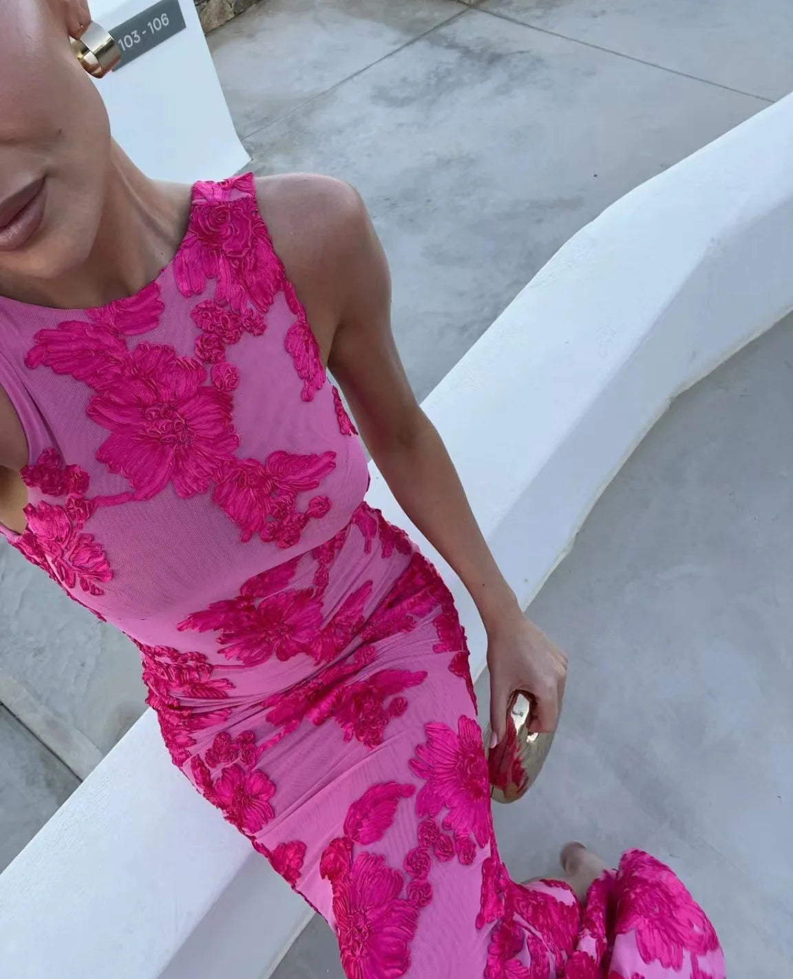 2024 New Elegant Women Sleeveless 3d Flowers Party Dress Embroidery Mesh Slim Hip Package Female Fshion Maxi Dresses Robe