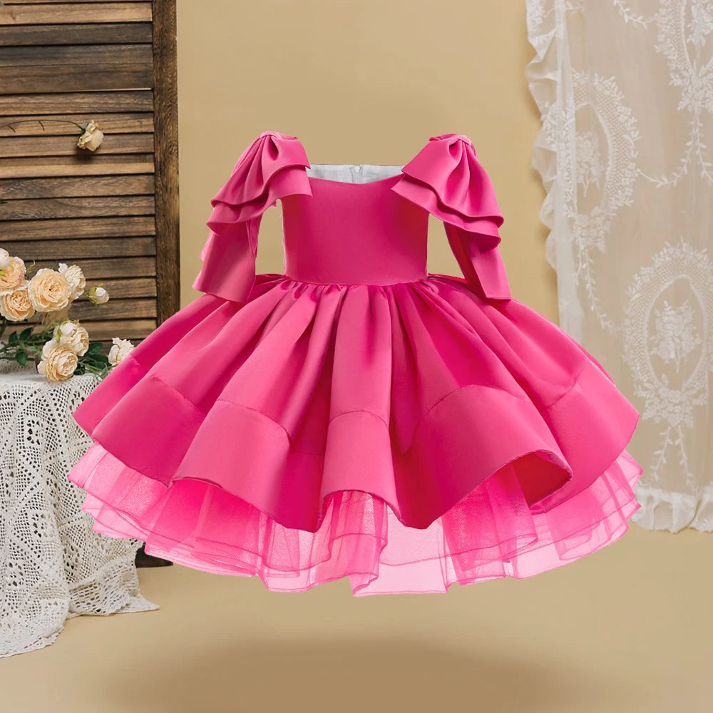 Fashion Big Bow Girls Party Dress Formal Pink Wedding Bridesmaid Birthday Princess Dresses for Girl Gala Christmas Kids Clothes